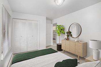 A bedroom with a bed, dresser, and large closet