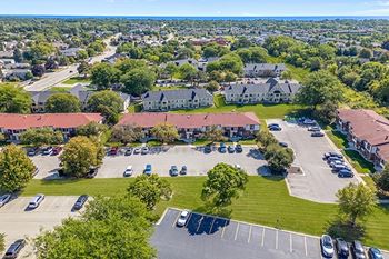 Aerial view of exterior buildings and parking lots
