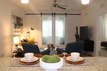 9’ Ceilings with ceiling fans in  living room (available in bedrooms)