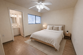 Gainesville apartment for rent - A bedroom with a bed, nightstand, and window.