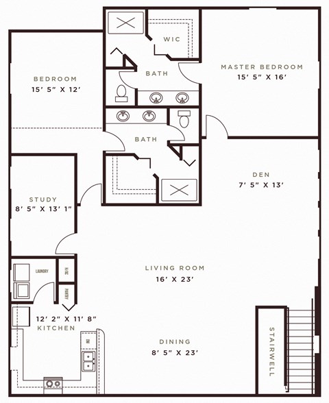 Floor plan for 2 beds, 2 baths, 1972 sqft