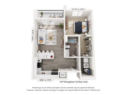 Floor plan for 1 bed, 1 bath, 740 sqft