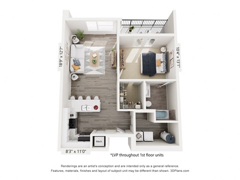 Floor plan for 1 bed, 1 bath, 760 sqft