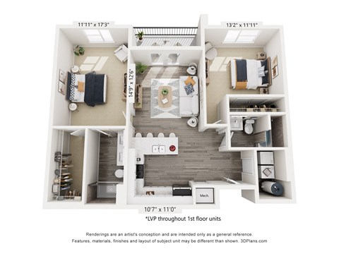Floor plan for 2 beds, 2 baths, 1150 sqft