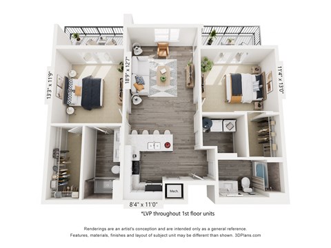 Floor plan for 2 beds, 2 baths, 1150 sqft