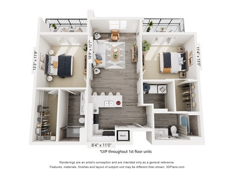 Floor plan for 2 beds, 2 baths, 1100 sqft