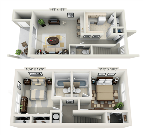 Floor plan for 2 beds, 2.5 baths, 1002 sqft
