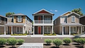 Alachua apartment for rent - a rendering of a row of townhomes with a person walking down the street