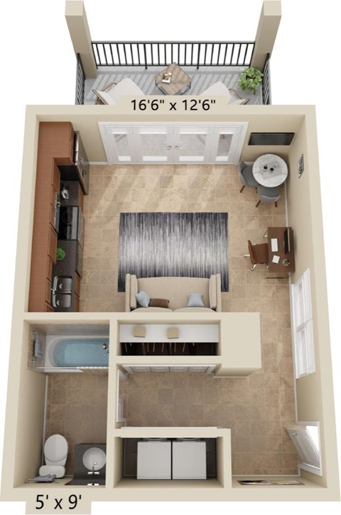 Floor plan for studio, 1 bath, 411 sqft