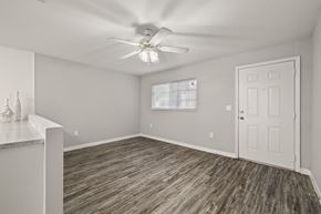 Tampa apartment for rent - an empty living room with a white door and a ceiling fan