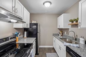 Brighton apartment for rent - A modern kitchen with a black refrigerator and stove top oven.