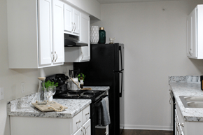 Flint apartment for rent - Updated kitchen at Riverwood. The walls are white with white cabinets on top and on bottom. There is a light speckled countertop with updated appliances. There is a stove to the left with a fridge and a sink and dishwasher to the right. There are dark wood-like flooring.