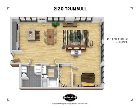 Floor plan for studio, 1 bath, 940 sqft