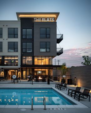Ferndale apartment for rent - Pool View In Night at Flats at Iron Ridge, Ferndale Michigan