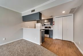 Texas City apartment for rent - A kitchen area with a white countertop and a black hood.