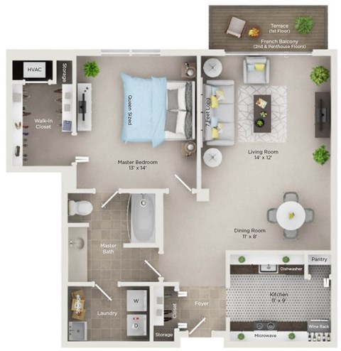 Floor plan for 1 bed, 1 bath, 875 sqft