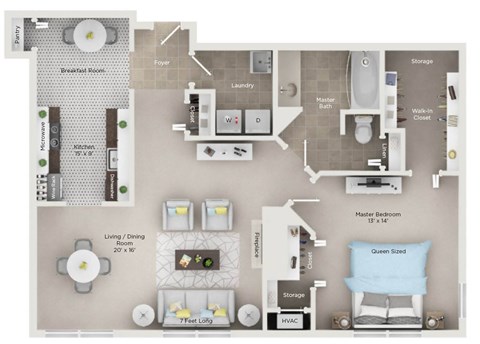 Floor plan for 1 bed, 1 bath, 1010 sqft