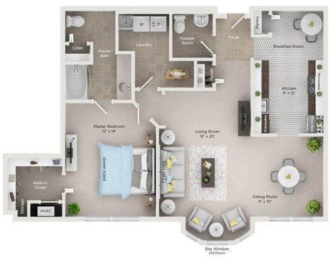 Floor plan for 1 bed, 1.5 baths, 1050 sqft
