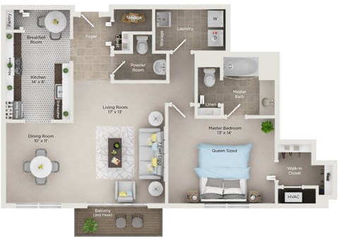 Floor plan for 1 bed, 1.5 baths, 1040 sqft