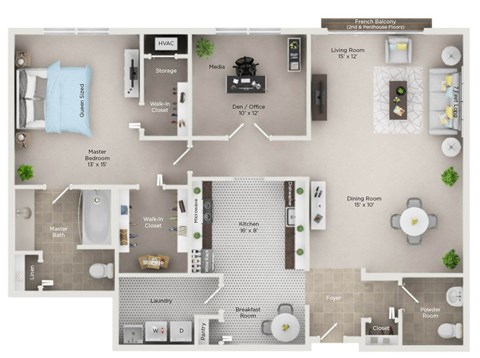 Floor plan for 1 bed, 1.5 baths, 1200 sqft