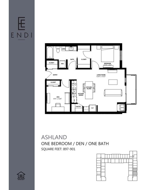 Floor plan for 1 bed, 1 bath, 899 sqft
