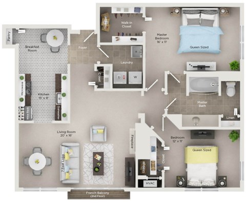Floor plan for 2 beds, 1 bath, 1170 sqft