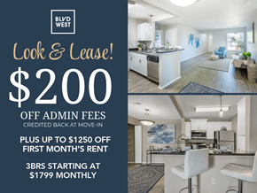 Lansing apartment for rent - A promotional image for a BLVD WEST property offering $2.00 off admin fees and up to $1250 off the first month's rent.