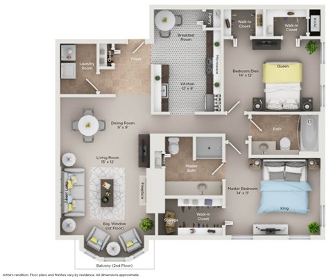 Floor plan for 2 beds, 2 baths, 1160 sqft