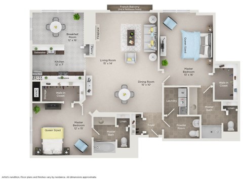 Floor plan for 2 beds, 2.5 baths, 1500 sqft
