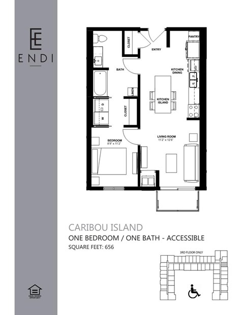 Floor plan for 1 bed, 1 bath, 654 sqft