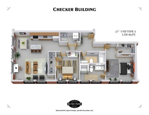 Floor plan for 2 beds, 2 baths, 1067 sqft