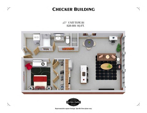 Floor plan for 1 bed, 1 bath, 835 sqft