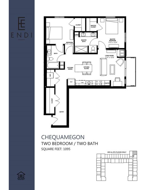 Floor plan for 2 beds, 2 baths, 1095 sqft