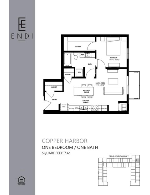 Floor plan for 1 bed, 1 bath, 732 sqft
