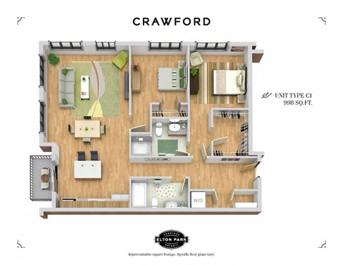 Floor plan for 2 beds, 2 baths, 1019 sqft