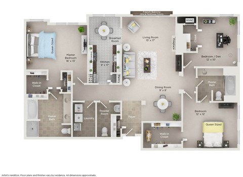 Floor plan for 3 beds, 2.5 baths, 1700 sqft