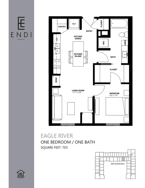 Floor plan for 1 bed, 1 bath, 703 sqft