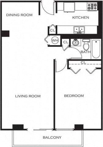 Floor plan for 1 bed, 1 bath, 750 sqft