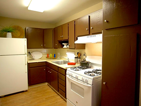Columbus apartment for rent - Kitchen with dark cabinetry, white appliances and 2-tone beige paint.  White ceiling with rectangle light.  Light wood flooring.