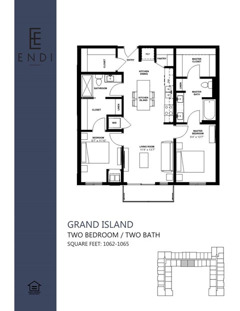 Floor plan for 2 beds, 2 baths, 1064 sqft