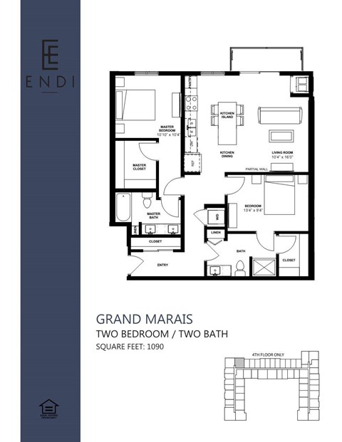 Floor plan for 2 beds, 2 baths, 1090 sqft
