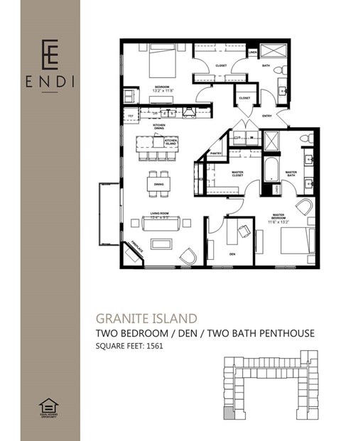 Floor plan for 2 beds, 2 baths, 1561 sqft