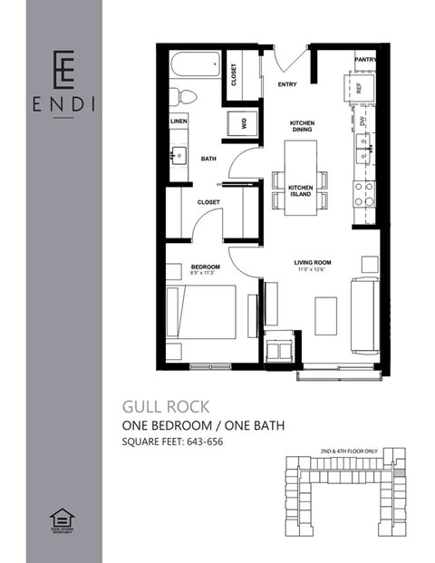 Floor plan for 1 bed, 1 bath, 650 sqft