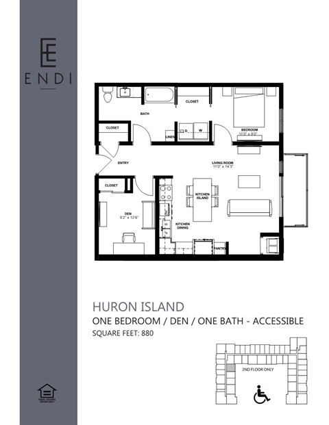 Floor plan for 1 bed, 1 bath, 880 sqft