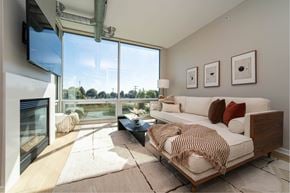 Ann Arbor apartment for rent - a living room with a couch and a fireplace and a large window