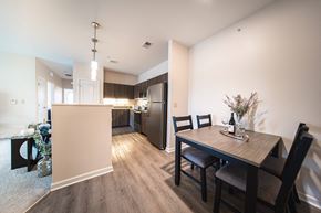 Shelby Township apartment for rent - Dininig room leading into kitchen, grey wood like floors, dining table on right, walway leading to kitchen, living room on left.