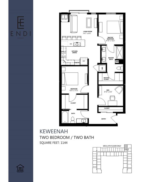 Floor plan for 2 beds, 2 baths, 1144 sqft