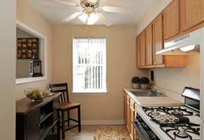 Euclid apartment for rent - Kitchen area with oak cabinets and ceiling fan