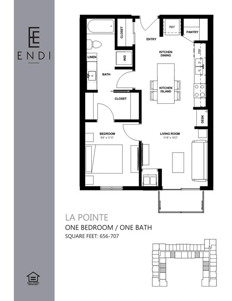 Floor plan for 1 bed, 1 bath, 703 sqft