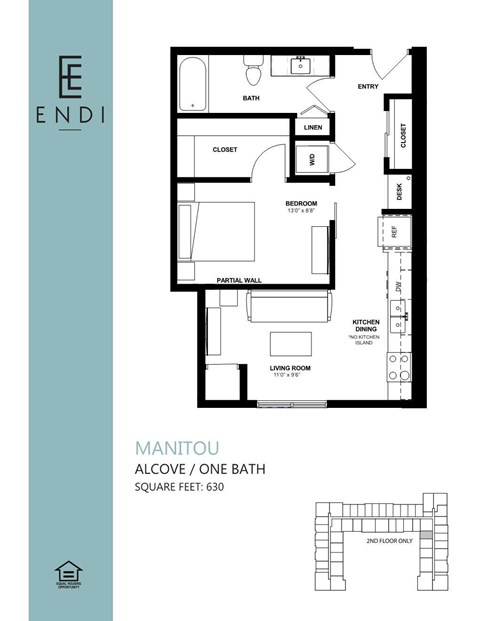 Floor plan for 1 bed, 1 bath, 630 sqft